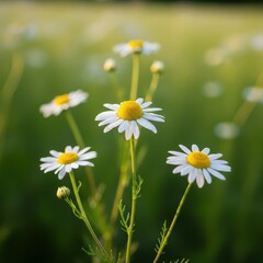 Fototapeta premium Wild delicate chamomile flowers flourishing in a vast green field, bathed in warm summer sunlight, symbolizing purity and natural healing, healing, vibrant, season