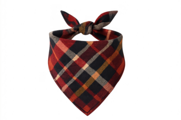 Plaid pet bandana tied with red, black, orange checks