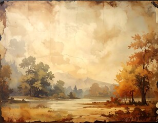 A scenic autumn landscape with vibrant foliage, a calm river, and distant mountains. The scene is presented on textured parchment