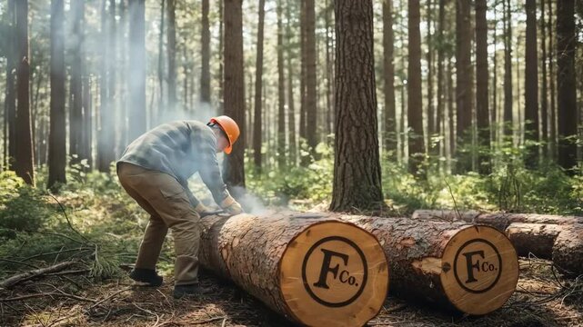 Medium shot of a worker using a metal stamp to brand a log showing clear impression marks to identify ownership in a forest setting.