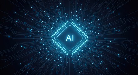 Ai technology concept with glowing blue diamond shape and futuristic circuit board background representing artificial intelligence and machine learning innovation