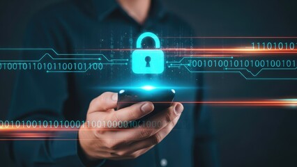 Person holding smartphone with digital lock icon binary code and data security concept in dark background with neon lights and futuristic interface