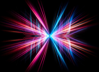 Vibrant light beams radiate from the center in hues of blue, pink, red, and orange against a stark black backdrop, creating a dynamic and energetic abstract design.