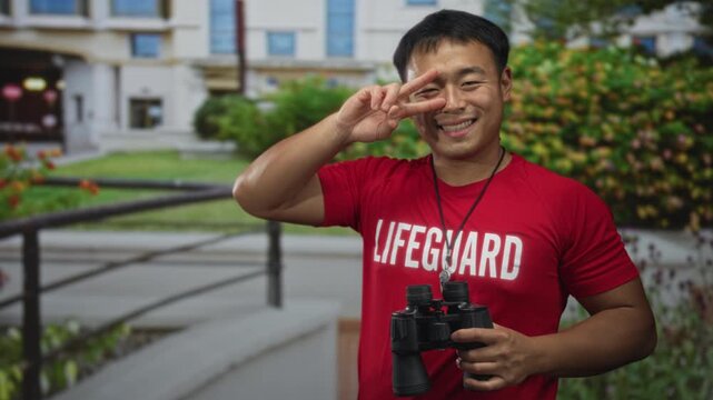 Young chinese lifeguard man outdoors holds binoculars and makes peace sign in front of building; confidence.