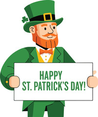 A cheerful leprechaun holding a sign that reads Happy St. Patrick's Day in a celebratory illustration