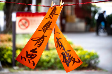 a tranquil and ritualistic moment before the Lunar New Year—Spring Couplets drying