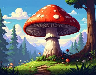 Whimsical illustration of a massive, vibrant red mushroom with white spots in a sunny forest setting, a trail leading to it