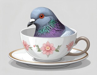 Whimsical illustration of a pigeon nestled inside a teacup with floral decorations, resting on a saucer, and set against a solid gray background