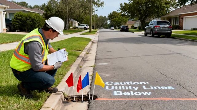 Medium shot of a technician inspecting multiple flagged markers indicating various utility lines beneath a suburban street before digging.