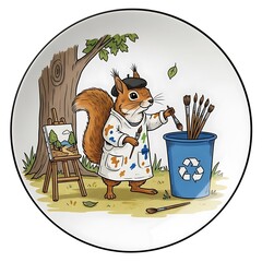 Whimsical illustration of a squirrel dressed as an artist. Painting at an easel, brushes in a bin, and nature background