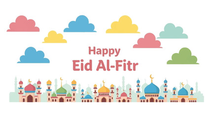 Fototapeta premium Celebration of Eid Al-Fitr with colorful mosques and clouds in a festive illustration
