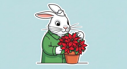 Whimsical illustration of a white rabbit, wearing a green coat and hat, holding a pot of bright red poinsettia flowers against a pale blue backdrop