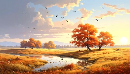 A scenic autumnal landscape showcasing golden fields, vibrant trees, a flowing stream, and a flock of birds against a setting sun