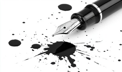 Fountain pen and ink splatter on white paper close up copy space