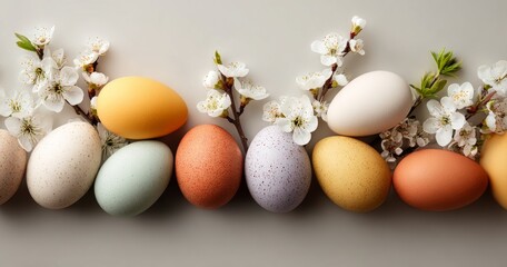 Colorful Easter Eggs with Spring Flowers on Minimal Flat Lay Indoor Surface