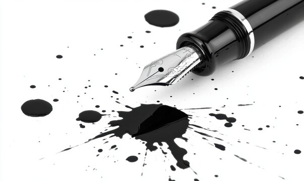 Fountain pen and ink splatter on white paper close up copy space