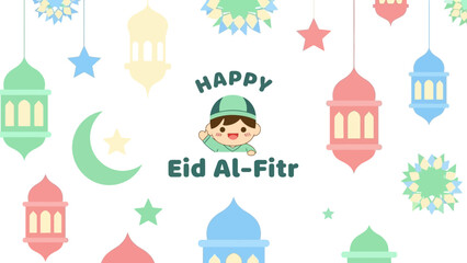 Celebrating Eid Al-Fitr with colorful lanterns and festive decorations in a joyful atmosphere from a front viewpoint