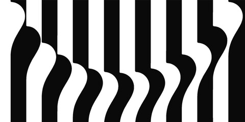 A bold black and white abstract pattern inspired by piano keys, featuring curved silhouettes and flowing lines. © Rochmatul