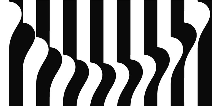 A bold black and white abstract pattern inspired by piano keys, featuring curved silhouettes and flowing lines.
