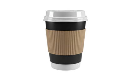 Black disposable coffee cup with white lid and brown sleeve
