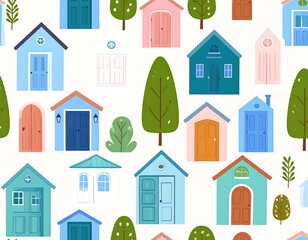 Whimsical illustration of diverse, colorful, and charming house fronts with varying door styles, windows, and green trees scattered across a white background