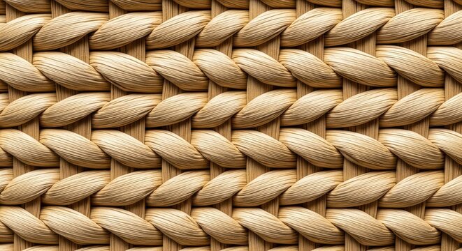 A detailed close-up shot emphasizing the intricate natural texture of light, tightly woven raffia or straw suitable for summer accessories or textiles, abstract, sunny, holiday