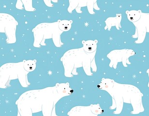 Whimsical illustration of multiple polar bears against a pale blue backdrop with falling snowflakes. Playful winter scene