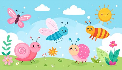 Whimsical illustration of smiling insects and a cheerful sun against a soft blue sky and green meadow