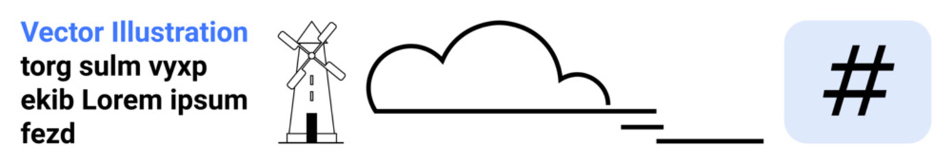 Obraz premium Linear black-and-white windmill beside cloud and horizon, with metadata tag symbol in blue square. Ideal for design, sustainability, technology, simplicity, branding, content creation, simple landing