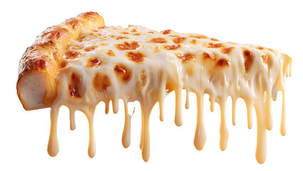 Cheesy Pizza Slice with Melted Cheese Dripping Isolated on Transparent Background
