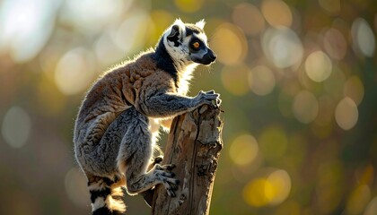 Obraz premium A ring-tailed primate sits atop a weathered tree stump, bathed in golden sunlight. The backdrop is soft focus, highlighting its form