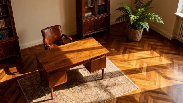 Medium shot of a study featuring a classic herringbone floor pattern that complements the sophisticated and cozy workspace environment