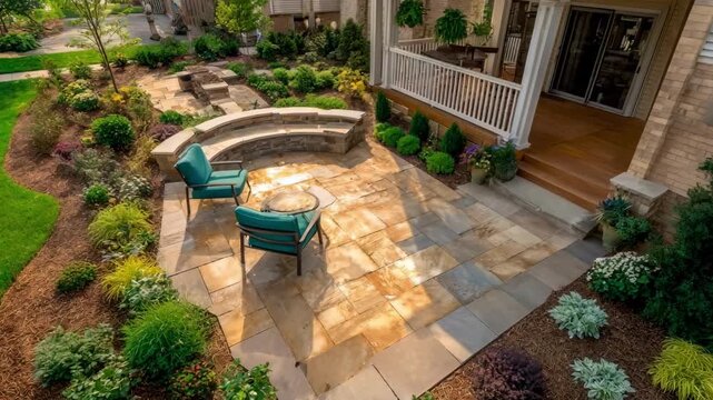 Medium shot displaying an outdoor space layout emphasizing functional zones decorative elements and plant arrangements to optimize residential curb appeal.