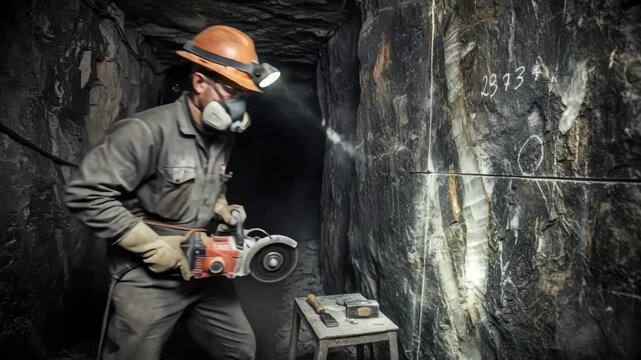 Medium shot of a miner performing channel sampling by cutting a continuous rock section to test metal distribution along a vein