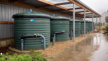 Medium shot of interconnected rainwater tanks with visible inflow and overflow pipes illustrating an integrated water reuse setup.