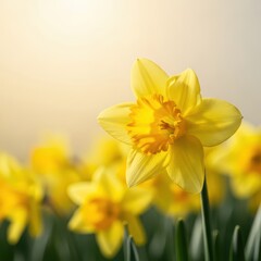 Fototapeta premium A vast field of bright yellow daffodils blooming under the spring sun, showcasing beautiful nature and vibrant seasonal colors, multitude, environment, natural