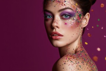 A woman with glitter and colorful sparkles on her face and shoulders gazes sideways with bright blue eyes, wearing purple eyeshadow and pink lipstick. Her hair is styled elegantly