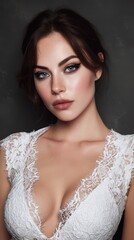 Brunette woman with striking blue eyes gazes intently, wearing an intricate white lace dress; makeup is flawless, emphasizing her features with winged eyeliner and soft lips
