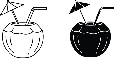 Fresh coconut drink with straw and umbrella icons in outline and silhouette styles for summer beach vacation themes. © Hafizul