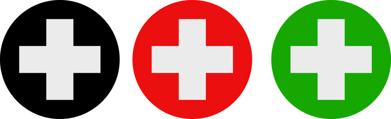 Obraz premium Medical cross icons in solid colored circles for first aid, pharmacy and hospital sign collection, healthcare emergency symbols isolated on white