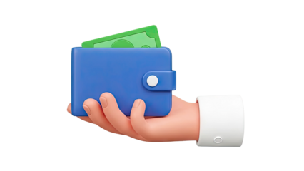 3D Render of Hand Holding Blue Wallet with Money