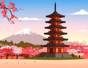A scenic cartoon landscape showcases a pagoda, cherry blossoms, a mountain, and bridge under a blue sky