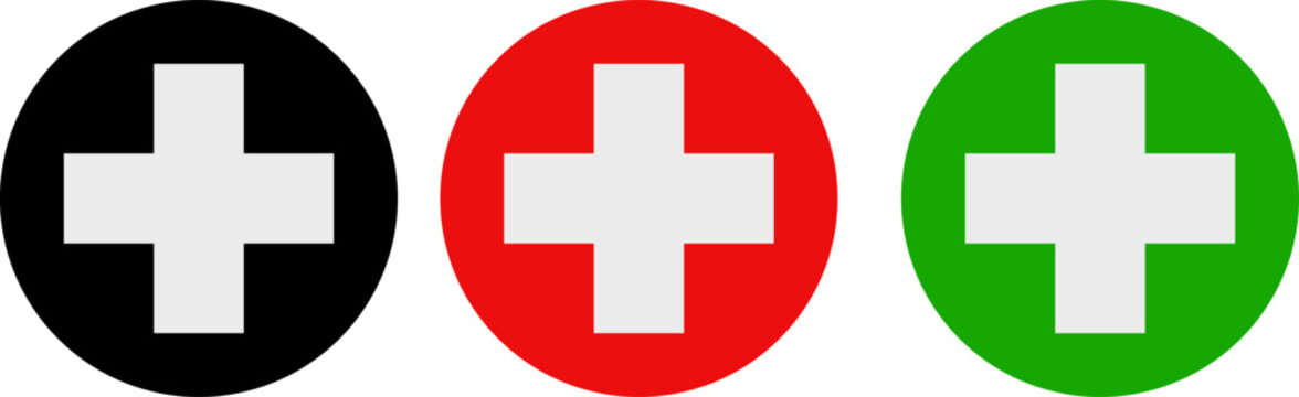 Medical cross icons in solid colored circles for first aid, pharmacy and hospital sign collection, healthcare emergency symbols isolated on white