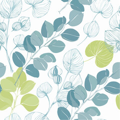 Seamless pattern with eucalyptus leaves and branches botanical illustration.