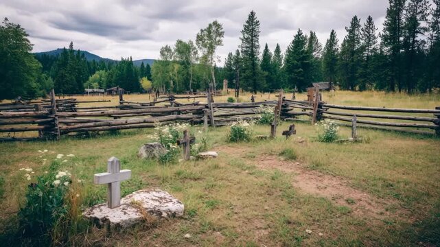 Historic pioneer cemetery with handcut wooden crosses and simple stone markers set in a grassy clearing with rustic wooden fences.