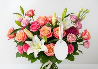 Fototapeta premium Pink roses and assorted flowers arranged artistically. A blank white oval tag decorates the arrangement, contrasting with the soft peach tone, delicate, decor, love