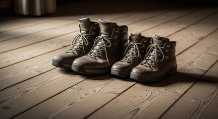 Two Pairs of Hiking Boots on Wooden Floor Representing Friendship and Shared Journey
