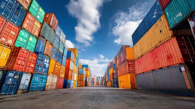 Medium shot of containers neatly stacked at a busy port showcasing vibrant colors and efficient space utilization under clear skies.