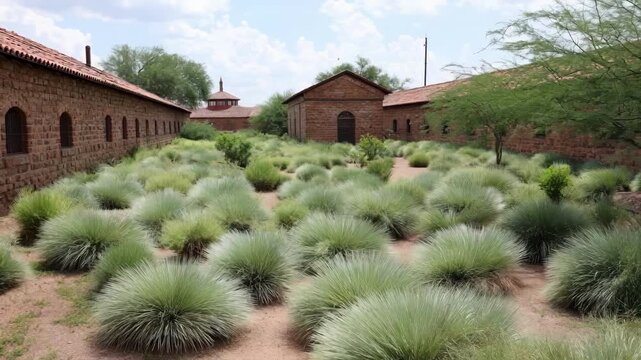 Prison yard featuring a mix of aridtolerant grasses and native plants captured in a medium shot to highlight landscape diversity and climate adaptability.