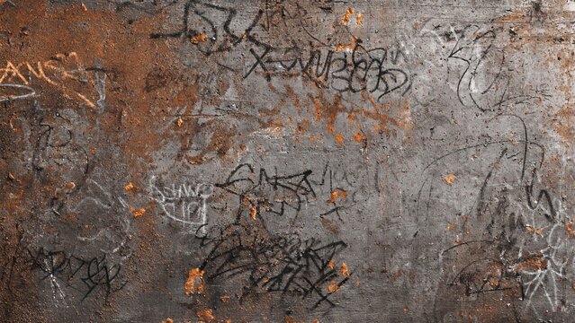 Urban graffiti art on grungy rusted metallic wall surface with texture and color contrast